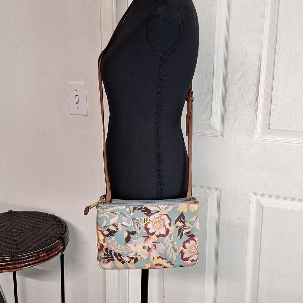 Ralph Lauren Blue and Peach Crossbody Bag with Floral Design